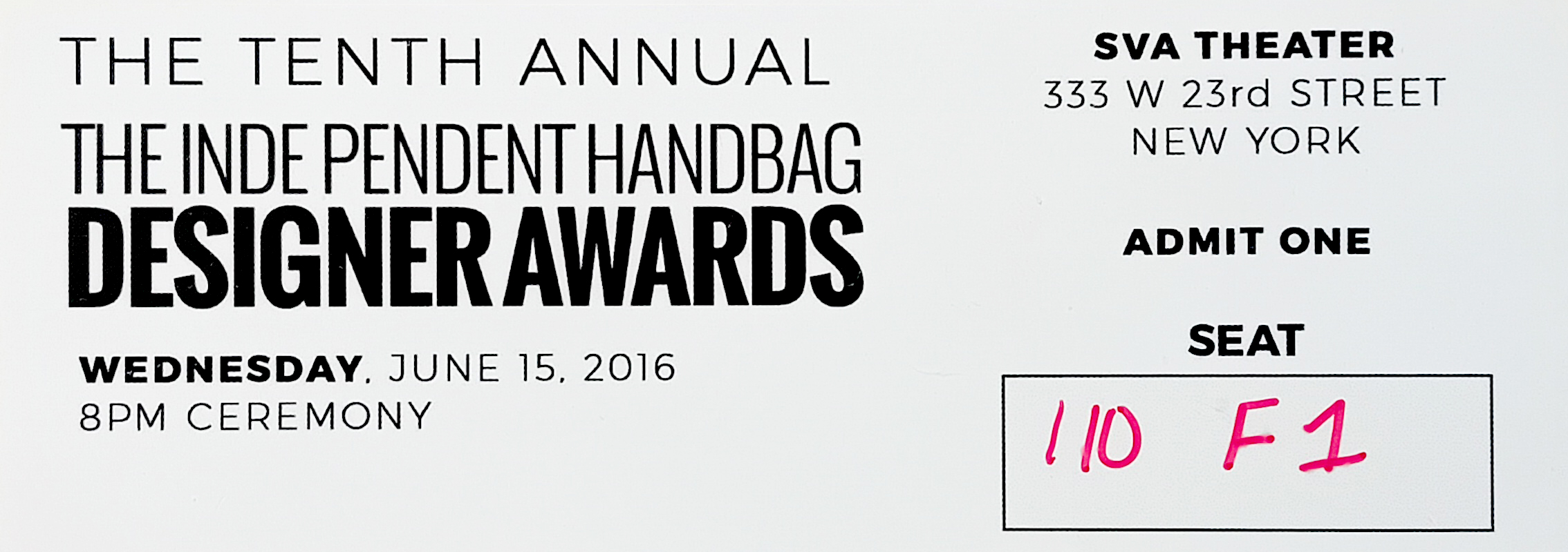 Invitación entrada The Tenth Annual The Independent Handbag Designer Awards